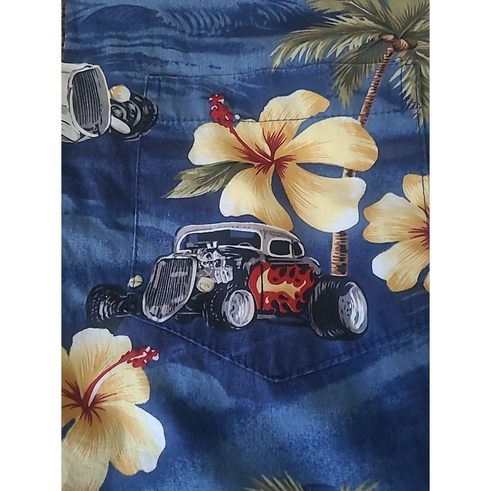 RJC Hawaiian Shirt Mens Large Vintage Floral Hot Rod Cars Aloha Surf‎ Retro